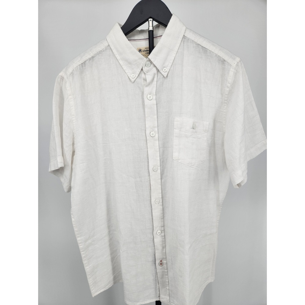Weatherproof Vintage Mens White Textured Grid Short Sleeve Button Down Shirt